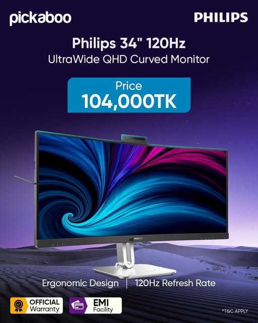 Upgrade your workspace with the Philips Curved Monitor, Immerse in stunning visuals, smoother 120Hz performance, and seamless multitasking!